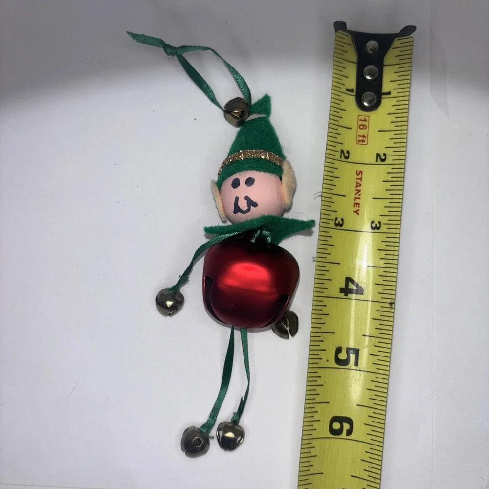 Vintage Christmas Pixie Elf Jingle Bell Ornament Wood Head Felt Hat Kitschy 6